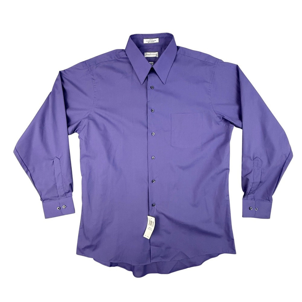 Van Heusen Mens 16.5 34/35 L Poplin Dress Shirt Eggplant Purple Wrinkle Free New